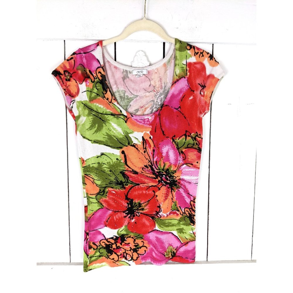 Vintage Cache bold floral beaded cap sleeve sweater top - Picture 2 of 6